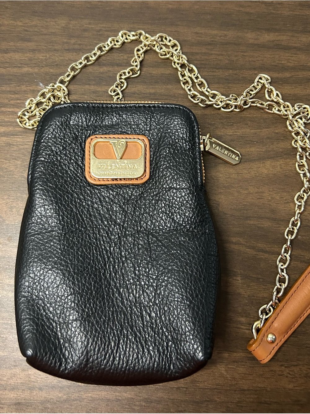 Valentina Black Pebbled Leather Gold Chain Small Crossbody Bag